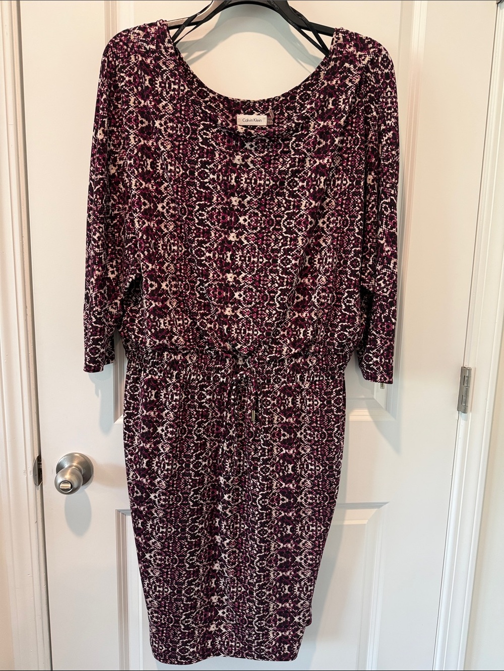 Calvin Klein Maroon & White Printed Long Sleeve Drawstring Dress